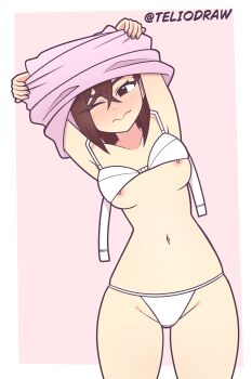 absurdres armpits ayase_momo blush bra breasts brown_eyes brown_hair collarbone dandadan feet_out_of_frame highres medium_hair navel nipple_slip nipples one_eye_closed open_bra panties pink_shirt shirt simple_background small_breasts tagme taking_off_shirt teliodraw thigh_gap two-tone_background underwear undressing white_bra white_panties