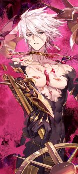 1boy absurdres armor blue_eyes cape chest_jewel collar covered_navel cowboy_shot earrings eyeshadow eyeshadow_under_eye fate/grand_order fate_(series) fur_cape hair_between_eyes highres holding holding_polearm holding_weapon jewelry karna_(fate) looking_at_viewer makeup male_focus pectorals polearm red_eyeshadow short_hair solo spiked_collar spikes toned toned_male weapon white_hair xuchuan