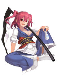 Rule 34 | 1girl, absurdres, breasts, cleavage, coin, commentary, cup, fps xilou, full body, highres, holding, holding cup, knee up, large breasts, looking at viewer, obi, onozuka komachi, open mouth, red eyes, red hair, sash, scythe, short sleeves, simple background, smile, socks, solo, touhou, two side up, variant set, white background, white socks