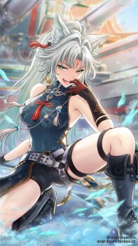 Rule 34 | 1girl, :d, anarchyart, animal ears, aqua eyes, aqua hair, ass, bare shoulders, belt, boots, breasts, china dress, chinese clothes, dress, earrings, feixiao (honkai: star rail), forehead jewel, fox ears, gloves, gradient hair, highres, honkai: star rail, honkai (series), jewelry, kneeling, long hair, looking at viewer, multicolored hair, open mouth, ponytail, shorts, sleeveless, sleeveless dress, smile, solo, spread legs, teeth, two-tone hair, white hair
