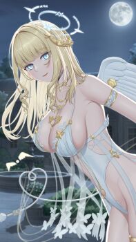 1girl angel_wings arm_strap bare_shoulders black_choker blonde_hair blue_eyes blunt_bangs breasts chinese_commentary choker clarina_genoura cleavage clothing_cutout collarbone commentary cowboy_shot drill_hair fountain full_moon gold_necklace halo highres jewelry large_breasts leotard long_hair looking_at_viewer mole mole_under_eye moon necklace night outdoors parted_lips side_drill sidelocks smile snowbreak:_containment_zone solo standing stomach stomach_cutout suzhi2333 thighlet white_leotard wings