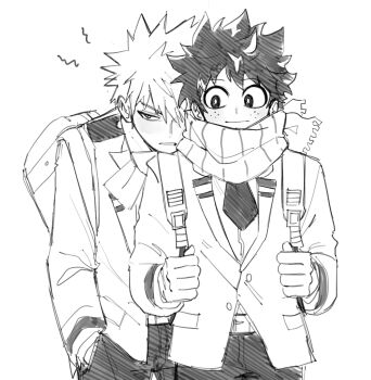 Rule 34 | 2boys, arms up, backpack, bag, bakugou katsuki, belt, boku no hero academia, clenched teeth, closed mouth, commentary, cowboy shot, english commentary, freckles, hand in pocket, head on another's shoulder, highres, jacket, lapels, long sleeves, looking at another, looking to the side, male focus, midoriya izuku, multiple boys, pants, scarf, school uniform, short hair, sideways glance, sketch, smile, snowflooks, spiked hair, suit jacket, teeth, u.a. school uniform