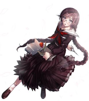 Rule 34 | 1girl, arm behind back, book, braid, breast pocket, collared shirt, commentary request, danganronpa: trigger happy havoc, danganronpa (series), eyelashes, flower, fukawa toko, full body, glasses, gwanlamcha, highres, holding, holding book, holding flower, holding scissors, long hair, long skirt, long sleeves, looking at viewer, lower teeth only, mole, mole under mouth, neckerchief, open book, open mouth, pocket, purple eyes, purple hair, purple serafuku, purple shirt, purple shoes, purple skirt, red flower, red neckerchief, red rose, rose, round eyewear, sailor collar, school uniform, scissors, serafuku, shirt, shoes, simple background, skirt, skirt set, socks, solo, teeth, twin braids, twintails, very long hair, white background, white sailor collar, white socks