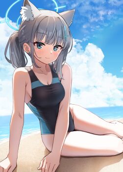 1girl animal_ear_fluff animal_ears beach blue_archive blue_eyes blue_halo blue_sky breasts cloud commentary_request competition_swimsuit day extra_ears grey_hair hair_ornament halo highres hudeako medium_breasts ocean official_alternate_costume one-piece_swimsuit outdoors partial_commentary shiroko_(blue_archive) shiroko_(swimsuit)_(blue_archive) sky solo swimsuit wolf_ears