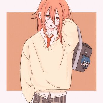 Rule 34 | 1boy, akim0tion, alternate costume, angel devil (chainsaw man), bag, chainsaw man, character doll, closed mouth, collared shirt, commentary, doll, hair between eyes, hand in pocket, hayakawa aki, highres, long hair, male focus, necktie, red necktie, school bag, shirt, solo, sweater, symbol-only commentary, white shirt