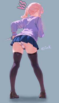 1boy akiyama_mizuki alternate_view ass bent_over black_bow black_thighhighs blue_skirt bow bulge colored_eyelashes commentary drill_hair english_commentary from_behind funsai_seyo!_unvalentine_no_fukushuu_(project_sekai) genderswap genderswap_(otm) highres holding holding_knife holding_weapon kamiyama_high_school_uniform_(project_sekai) knife long_hair oink_(oinkoinkoi) pink_hair pleated_skirt project_sekai prop_knife purple_sweater school_uniform side_ponytail sidelocks signature skirt squiggle sweater thighhighs upskirt weapon