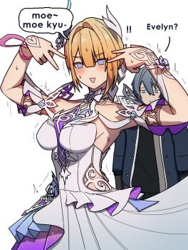 Rule 34 | 1boy, 1girl, absurdres, black jacket, black shirt, blonde hair, blue eyes, breasts, commentary, cosplay, cyrene (honkai: star rail), cyrene (honkai: star rail) (cosplay), cyrene (ripples of past reverie) (honkai: star rail), dorahdew, double v, dress, english commentary, english text, evelyn chevalier, flower, grey hair, hair flower, hair ornament, highres, honkai: star rail, honkai (series), jacket, large breasts, mihoyo, shirt, short hair, simple background, speech bubble, v, white background, white dress, wise (zenless zone zero), zenless zone zero