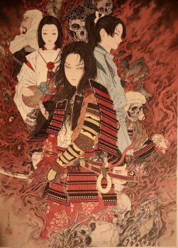 3boys 3girls acrylic_paint_(medium) armor black_hair commentary commentary_request dated_commentary dou fine_art_parody highres holding holding_sword holding_weapon horror_(theme) houjou_yoshitoki japanese_armor japanese_clothes kariginu katana kote kusazuri menuki minamoto_no_yoritomo minamoto_no_yoshitsune_(real_life) mixed-language_commentary multiple_boys multiple_girls musashibou_benkei_(real_life) nihonga original painting_(medium) parody ponytail samurai scabbard sheath sheathed short_sword shoulder_armor skull sode sword tachi_(weapon) tantou tomoe_gozen traditional_media ukiyo-e unsheathed weapon yamamoto_takato