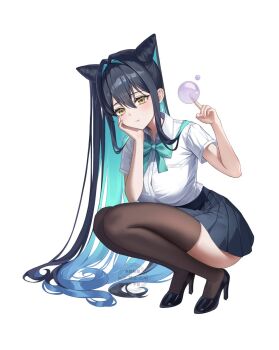 Rule 34 | 1girl, air bubble, alternate costume, aqua hair, averting eyes, black hair, black shoes, black skirt, black thighhighs, bow, bowtie, bubble, collared shirt, colored inner hair, commentary, cone hair bun, double bun, full body, goddess of victory: nikke, green bow, green bowtie, hair between eyes, hair bun, hand on own face, hands up, high heels, highres, index finger raised, little mermaid (nikke), long hair, mella (mell a12), miniskirt, multicolored hair, school uniform, shirt, shirt tucked in, shoes, short sleeves, skirt, squatting, thighhighs, two-tone hair, very long hair, white shirt, wing collar, yellow eyes