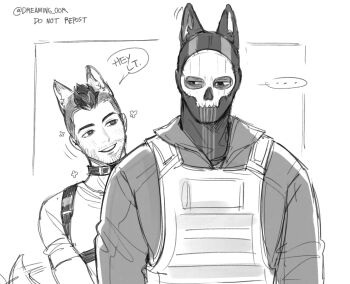 ... 2boys animal_ears bulletproof_vest call_of_duty call_of_duty:_modern_warfare_2 dog_boy dog_ears dog_tail dreaming_oor english_text facial_hair ghost_(modern_warfare_2) greyscale hood hooded_jacket jacket looking_at_another male_focus mask monochrome multiple_boys shirt short_hair skull_mask smile soap_(modern_warfare_2) tail twitter_username upper_body wolf_boy wolf_ears