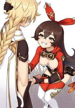 1boy 1girl absurdres aether_(genshin_impact) amber_(genshin_impact) blush boots bow braid braided_ponytail breasts breasts_out brown_shorts censored cromachina erection genshin_impact gloved_handjob gloves goggles grass hair_bow half-closed_eyes hand_on_own_head handjob hetero highres jacket long_hair long_sleeves mosaic_censoring naughty_face nipples open_clothes open_jacket penis pouch red_jacket short_shorts shorts sitting smile squatting standing teeth thigh_boots thighhighs yellow_eyes