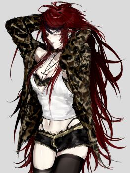 1girl absurdres adjusting_hair ahoge alternate_costume arms_up black_streaks black_thighhighs blue_eyes bra breasts camisole camouflage camouflage_bra camouflage_jacket chinese_commentary cleavage commentary_request cowboy_shot cross cross_necklace genderswap genderswap_(mtf) grey_background highres jacket jewelry large_breasts long_hair looking_at_viewer midriff multicolored_hair navel necklace oblivion_(feiwufeiwumobai) open_clothes open_jacket parted_lips red_hair ringed_eyes short_shorts shorts simple_background solo streaked_hair sumino_takumi the_hundred_line_-last_defense_academy- thighhighs underwear very_long_hair white_camisole