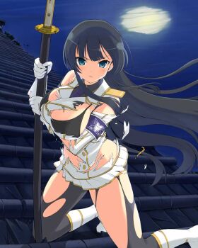 1girl arm_under_breasts bikini black_bikini black_hair black_necktie black_pantyhose blue_eyes blush boots breasts cleavage full_moon hanzou_academy_school_uniform hime_cut holding holding_sheath ikaruga_(senran_kagura) katana large_breasts long_hair looking_at_viewer microskirt moon moon_reflection moonlight navel necktie non-web_source on_roof ootachi pantyhose reflection rooftop saya_(scabbard) school_uniform senran_kagura senran_kagura_new_wave senran_kagura_shoujo-tachi_no_shin&#039;ei sheath shirt skirt solo swimsuit sword torn_clothes torn_pantyhose torn_shirt v-shaped_eyebrows very_long_hair water weapon white_boots