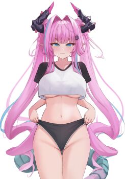 1girl absurdres arknights arknights:_endfield blue_eyes blue_hair blush breasts commentary_request dragon_girl dragon_horns dragon_tail highres horns looking_at_viewer midriff multicolored_hair pink_hair pointy_ears shirt solo tail twintails underboob white_shirt wooru60 yvonne_(arknights)