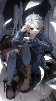 1boy 2others absurdres aesop_carl aesop_carl_(blindspot) aged_down bag bandages black_eyes boots brown_boots chinese_commentary commentary_request facial_scar flying_paper full_body grey_hair hallway hands_up highres holding identity_v legs_up long_sleeves looking_to_the_side male_focus multiple_others on_floor pantyhose paper papers parted_bangs sailor_collar scar scar_on_cheek scar_on_face school_bag school_uniform short_hair shorts sitting solo_focus striped_clothes striped_pantyhose stuffed_toy swept_bangs vertical-striped_clothes vertical-striped_pantyhose watashi_wa_chibi