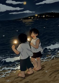 Rule 34 | 2girls, bare shoulders, barefoot, beach, black hair, black pants, black shorts, blurry, blurry background, closed eyes, cloud, cloudy sky, fireworks, highres, holding, holding fireworks, multiple girls, night, ocean, open mouth, original, outdoors, pants, sand, shirt, short hair, short sleeves, shorts, sihyun25, sky, sleeveless, sleeveless shirt, smile, sparkler, star (sky), starry sky, white shirt
