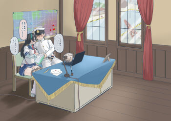 1boy 1girl admiral_(kancolle) after_fellatio bar_censor black_hair blue_skirt censored chair computer crane_(machine) cum cum_on_body desk erection facial green_hairband hairband hat indoors kantai_collection laptop long_hair long_sleeves map military military_uniform mimofu_(fullhighkick) miniskirt naval_uniform ooyodo_(kancolle) peaked_cap penis pleated_skirt school_uniform serafuku skirt speech_bubble thighhighs tissue_box translation_request window wooden_floor