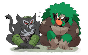 ! 2boys colored_sclera creature fangs full_body gen_8_pokemon green_eyes hyaku_(g-kawayusu) looking_at_another monkey monkey_tail multiple_boys muscular mythical_pokemon nintendo no_humans pokemon pokemon_(creature) red_sclera rillaboom sharp_teeth simple_background squatting tail teeth white_background zarude