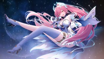 Rule 34 | 1girl, absurdres, aemeath (wuthering waves), asymmetrical footwear, bare shoulders, breasts, commentary, elbow gloves, feng nuyu, full body, gloves, hair ornament, highres, holding, holding microphone, large breasts, leotard, long hair, looking at viewer, microphone, mismatched footwear, mole, mole on shoulder, open mouth, orange eyes, pink hair, signature, sky, smile, solo, star (sky), starry sky, thighs, very long hair, white gloves, white leotard, wuthering waves