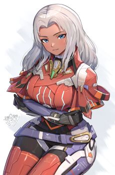 1girl armor blue_eyes bodysuit breasts closed_mouth dark-skinned_female dark_skin elma_(xenoblade_x) gloves gonzarez highres large_breasts long_hair looking_at_viewer simple_background smile solo white_hair xenoblade_chronicles_(series) xenoblade_chronicles_x