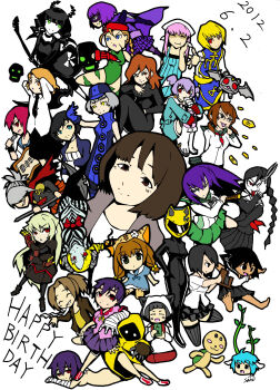 Rule 34 | 6+girls, absurdres, bioshock, bioshock (series), bioshock infinite, black hair, black necktie, black skirt, blonde hair, blue gloves, blue hair, blush stickers, bow, braid, brown eyes, brown hair, cammy white, celty sturluson, character request, closed eyes, copyright request, crossover, danganronpa (series), durarara!!, elizabeth (bioshock infinite), elizabeth (persona), english text, fukawa toko, genocider shou, gloves, green eyes, grey hair, guitar, happy birthday, highres, hit-girl, holding, holding microphone, holding scissors, instrument, kick-ass, light blue hair, microphone, multiple crossover, multiple girls, necktie, open mouth, persona, pink hair, purple hair, purple skirt, red bow, red eyes, sailor collar, samidare satsuki, sawashiro miyuki, school uniform, scissors, skirt, street fighter, top wo nerae! (series), top wo nerae 2!, voice actor connection, voice actor tribute, yellow eyes
