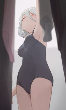 1girl arm_up armpits black_one-piece_swimsuit blurry blurry_foreground breasts covered_navel hair_between_eyes highres hiroki_(yyqw7151) medium_breasts one-piece_swimsuit one_eye_closed orange_eyes original short_hair solo swimsuit white_hair