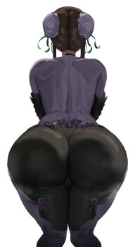 1girl absurdres arm_guards ass ass_focus back black_bodysuit bodysuit brown_hair bun_cover chinese_clothes commentary covered_shoulder_blades crow019 double_bun facing_ahead fate/grand_order fate_(series) feet_out_of_frame from_behind green_ribbon hair_bun highres huge_ass long_sidelocks median_furrow multicolored_bodysuit qin_liangyu_(fate) ribbon short_hair_with_long_locks sidelocks simple_background skin_tight solo thighs two-tone_bodysuit white_background white_bodysuit wide_hips