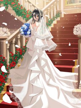 Rule 34 | 1girl, absurdres, black bow, black hair, black hairband, blue flower, blue rose, bouquet, bow, breasts, bridal veil, closed mouth, commentary request, dress, elbow gloves, falling petals, flower, full body, gangzi (vtuber), glint, gloves, hair between eyes, hair intakes, hairband, hand up, highres, indoors, korean commentary, long bangs, long dress, petals, red flower, red rose, rose, sidelocks, smile, solo, stairs, standing, stellive, strapless, strapless dress, veil, virtual youtuber, wedding dress, white dress, white flower, white gloves, white rose, yellow eyes, yt9676