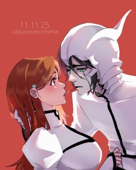 1boy 1girl artist_name black_hair bleach breasts brown_eyes brown_hair character_name dated facial_mark food food_in_mouth green_eyes hair_intakes hair_ornament half_mask hand_in_another&#039;s_hair hetero highres incoming_pocky_kiss inoue_orihime jacket juliet_sleeves keitoz long_hair long_sleeves looking_at_another mask medium_breasts medium_hair parted_bangs pocky pocky_in_mouth puffy_sleeves red_background snowflake_hair_ornament ulquiorra_cifer upper_body white_jacket