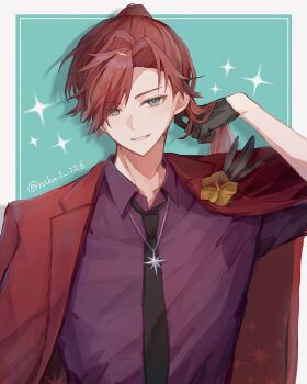 Rule 34 | 1boy, arm up, black gloves, black necktie, border, brooch, drop shadow, feathers, flower, flower brooch, gloves, green eyes, hair between eyes, hand in own hair, hashtag-only commentary, high ponytail, highres, jacket, jacket on shoulders, jewelry, lapels, lauren iroas, lauren iroas (4th costume), long sleeves, looking at viewer, male focus, necklace, necktie, nijisanji, notched lapels, official alternate costume, parted lips, pendant, ponytail, purple shirt, red hair, red jacket, ruka1 126, shirt, smile, solo, upper body, virtual youtuber, white border, yellow flower