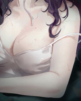 Rule 34 | 1girl, bare arms, bare shoulders, breasts, camisole, cleavage, collarbone, commentary request, garofano (path to nowhere), head out of frame, highres, large breasts, long hair, mole, mole on breast, official alternate costume, path to nowhere, purple hair, solo, strap slip, upper body, wet, white camisole, yosomaru