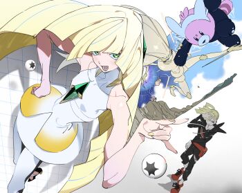 1boy 1girl absurdres bewear black_pants black_shirt blonde_hair character_request closed_eyes commentary_request dress floating_hair gen_1_pokemon gen_7_pokemon gladion_(pokemon) green_eyes green_hair hair_over_one_eye hand_on_own_face hand_on_own_hip highres himuro_yukichiko holding holding_microphone jigglypuff long_hair long_sleeves lusamine_(pokemon) microphone mother_and_son nail_polish nintendo one_eye_covered pants pheromosa pokemon pokemon_(anime) pokemon_(creature) pokemon_sm pokemon_tcg pokemon_tcg_pocket red_shoes shirt shoes sleeveless sleeveless_dress ultra_beast very_long_hair white_dress wormhole