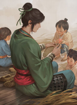 1boy 3girls absurdres black_hair child closed_mouth commentary_request hair_bun hay highres japanese_clothes kdash liu_bei_(shin_sangoku_musou) multiple_girls open_mouth shin_sangoku_musou shin_sangoku_musou_origins short_hair single_hair_bun sitting weaving wide_sleeves wooden_floor