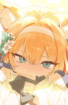 1-5iro 1girl 1other absurdres animal_ear_fluff animal_ears black_necktie blonde_hair blue_archive blue_eyes blush clothes_grab commentary_request flower from_above hair_flower hair_ornament hairband halo highres long_hair long_sleeves looking_at_viewer looking_up mari_(blue_archive) mari_(track)_(blue_archive) necktie nose_blush pov shirt sleeves_past_wrists tsurime white_hairband white_shirt yellow_halo