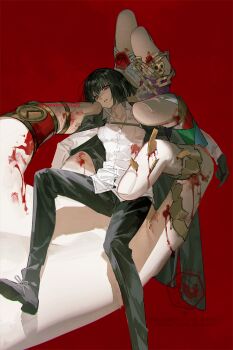 1girl black_coat black_hair black_pants black_shoes blood blood_on_clothes blood_on_hands chinese_commentary coat coat_on_shoulders collared_shirt commentary_request giant_hand highres in_palm krab_(fumekrab) limbus_company long_sleeves looking_at_viewer mini_person minigirl pants parted_lips project_moon red_background ryoshu_(project_moon) shirt shoes short_hair simple_background sitting size_difference solo_focus white_shirt