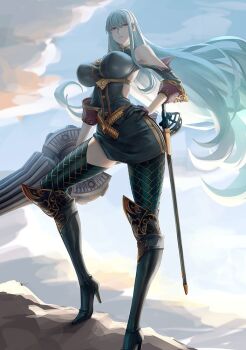 1girl backless_outfit backless_shirt bare_shoulders belt black_boots black_gloves black_shirt boots breasts eu03 full_body gloves gold_trim hair_between_eyes high_heel_boots high_heels huge_breasts knee_boots lance large_breasts long_hair looking_at_viewer military military_uniform polearm rapier red_eyes selvaria_bles senjou_no_valkyria senjou_no_valkyria_(series) senjou_no_valkyria_1 sheath shirt sidelocks skirt solo sword underbust very_long_hair weapon white_hair