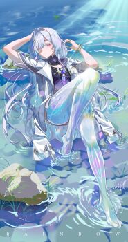 1girl absurdres arm_up artist_name bare_legs barefoot breasts colored_eyelashes commentary_request dress feet grey_hair hair_intakes hair_ornament hand_up highres id_card jacket knee_up legs long_hair looking_at_viewer lying lying_on_water mornye_(wuthering_waves) on_back purple_dress red_eyes see-through_body small_breasts solo tacet_mark_(wuthering_waves) toes wet white_jacket wo_hui_fazhe_dai_ranhou_tu_caihong wuthering_waves