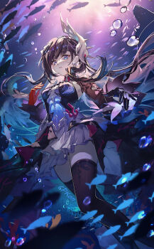 1girl air_bubble black_gloves blue_eyes breasts brown_hair bubble cat_princess commentary_request dress fish floating_hair gloves hair_ornament highres honkai:_star_rail honkai_(series) hysilens_(honkai:_star_rail) long_hair long_sleeves looking_at_viewer medium_breasts open_mouth solo standing thighhighs water