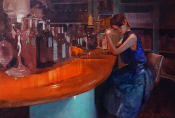 1boy 1girl bar_(place) bottle commentary_request food fruit glass_bottle highres indoors kazuho_iwamoto orange_(fruit) original photorealistic realistic scenery shelf sleeveless solo wine_bottle