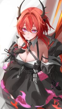 Rule 34 | 1girl, absurdres, arknights, arknights: endfield, bare shoulders, black dress, black gloves, black horns, breasts, cleavage, colored petticoat, commentary, demon girl, demon horns, detached sleeves, dote (askim72407017), dress, gloves, hair between eyes, hair intakes, highres, horns, laevatain (arknights), large breasts, long hair, looking at viewer, petticoat, purple eyes, red hair, revision, sideless dress, solo, surtr (arknights)
