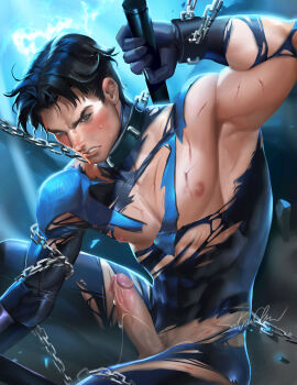 1boy abs batman_(series) black_hair bodysuit chain dc_comics dick_grayson erection escrima_stick gloves gradient_background highres male_focus nightwing penis sakimichan short_hair skin_tight solo toned torn_clothes uncensored watermark