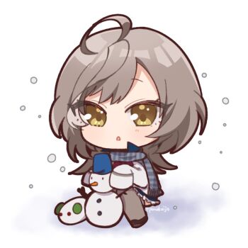 1girl assault_lily black_shoes blue_skirt blush bow bowtie building_snowman chibi commentary_request frilled_skirt frills full_body gradient_background grey_hair grey_scarf grey_thighhighs hands_up herensuge_girls_academy_school_uniform jacket long_hair long_sleeves looking_at_viewer miniskirt oversized_clothes parted_lips ponokaijo red_bow red_bowtie sasaki_ran scarf school_uniform shoes sitting skirt sleeves_past_fingers sleeves_past_wrists snow snow_rabbit snowman solo striped_clothes striped_scarf thighhighs twitter_username white_background white_jacket yellow_eyes