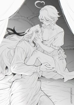 1boy 1girl ahoge bonbon_(bonesofbeskar) breast_sucking breasts breath bulge closed_eyes commentary dress english_commentary erection erection_under_clothes furina_(genshin_impact) genshin_impact grabbing_another's_ass greyscale groping hand_on_another's_head heart heart_ahoge hetero highres indoors lying medium_breasts monochrome neuvillette_(genshin_impact) no_bra on_back on_bed one_breast_out open_mouth precum precum_through_clothes skindentation twitter_username