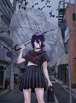 1girl absurdres bag_charm black_choker black_serafuku black_shirt black_skirt building chainsaw_man character_charm charm_(object) choker cosplay eruthu green_eyes hair_bun highres holding holding_umbrella neckerchief pleated_skirt pochita_(chainsaw_man) purple_hair red_neckerchief reze_(chainsaw_man) school_uniform serafuku shimizu_hinako shimizu_hinako_(cosplay) shirt silent_hill_(series) silent_hill_f skirt solo transparent transparent_umbrella umbrella urban