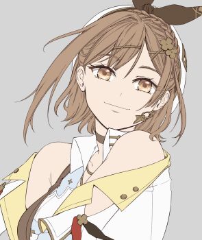 1girl atelier_(series) atelier_ryza beret blue_shirt braid breasts brown_choker brown_eyes brown_hair brown_ribbon choker cloud clover clover_hair_ornament collarbone collared_shirt crown_braid earrings grey_background hair_ornament hat highres irene_koh jacket jewelry large_breasts multicolored_shirt reisalin_stout ribbon shirt short_hair simple_background sky sleeveless sleeveless_jacket sleeveless_shirt smile solo white_hat white_shirt yellow_jacket