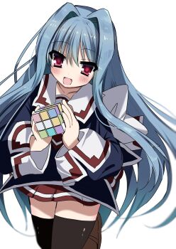 1girl :d black_thighhighs blue_hair blush cowboy_shot cube_x_cursed_x_curious eyes_visible_through_hair fear_kubrick hair_between_eyes hair_intakes hands_up happy highres holding_cube kasukasugom1 long_hair long_sleeves looking_at_viewer miniskirt open_mouth pleated_skirt red_eyes red_skirt rubik's_cube school_uniform simple_background skirt smile solo thighhighs very_long_hair white_background zettai_ryouiki