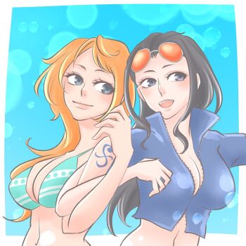 2022 2girls arm_tattoo ashako_sub2 bikini bikini_top_only black_hair blue_background blue_eyes bubble commentary_request cropped_jacket eyewear_on_head green_bikini hair_slicked_back high_collar jacket locked_arms long_hair looking_to_the_side multiple_girls nami_(one_piece) nami_(one_piece)_(return_to_sabaody) navel nico_robin nico_robin_(return_to_sabaody) official_alternate_costume one_piece orange-tinted_eyewear orange_hair short-sleeved_jacket short_sleeves smile striped_bikini striped_clothes swimsuit tattoo tinted_eyewear upper_body white-framed_eyewear zipper