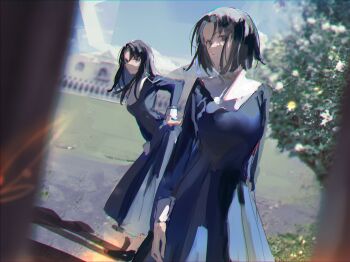 Rule 34 | 2girls, black eyes, black hair, blue dress, blue eyes, commentary request, dress, guimpe, hand on own hip, highres, kara no kyoukai, kokutou azaka, leaning forward, long dress, long sleeves, looking at viewer, multiple girls, outdoors, reien girl's academy school uniform, ryougi shiki, school uniform, shadow, short hair, sleeve cuffs, standing, tree, ubwmitekure