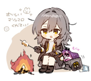 1girl black-framed_eyewear black_boots black_cat black_gloves black_jacket black_skirt blush_stickers boots cake_cat_(honkai:_star_rail) cat cat_tail commentary_request eyewear_on_head fire food gloves grey_hair hair_between_eyes hand_up holding holding_skewer honkai:_star_rail honkai_(series) jacket kafka_(honkai:_star_rail) kafka_(shader_cat)_(honkai:_star_rail) lapels long_hair long_sleeves looking_at_food looking_down marshmallow miniskirt open_clothes open_jacket open_mouth purple_cat purple_eyes request_inset rizu033 round_eyewear shirt sidelocks simple_background skewer skirt smile stelle_(honkai:_star_rail) sunglasses t-shirt tail thigh_strap trailblazer_(honkai:_star_rail) trailblazer_(trash_cake)_(honkai:_star_rail) white_background white_shirt yellow_eyes