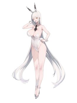 1girl :d absurdly_long_hair absurdres adjusting_clothes adjusting_leotard animal_ears bare_arms bare_shoulders black_necktie blanc_(nikke) breasts commentary detached_collar fake_animal_ears fake_tail fang fishnet_pantyhose fishnets full_body goddess_of_victory:_nikke grey_shoes hand_in_own_hair hand_up high_heels highleg highleg_leotard highres kurowanjjyang large_breasts leotard light_blush long_hair looking_at_viewer lower_teeth_only necktie open_mouth pantyhose playboy_bunny pom_pom_(clothes) pumps rabbit_ears rabbit_tail shoes short_necktie sidelocks simple_background skin_fang smile solo standing strapless strapless_leotard strappy_heels tail teeth very_long_hair white_background white_hair white_leotard white_pantyhose wrist_cuffs yellow_eyes